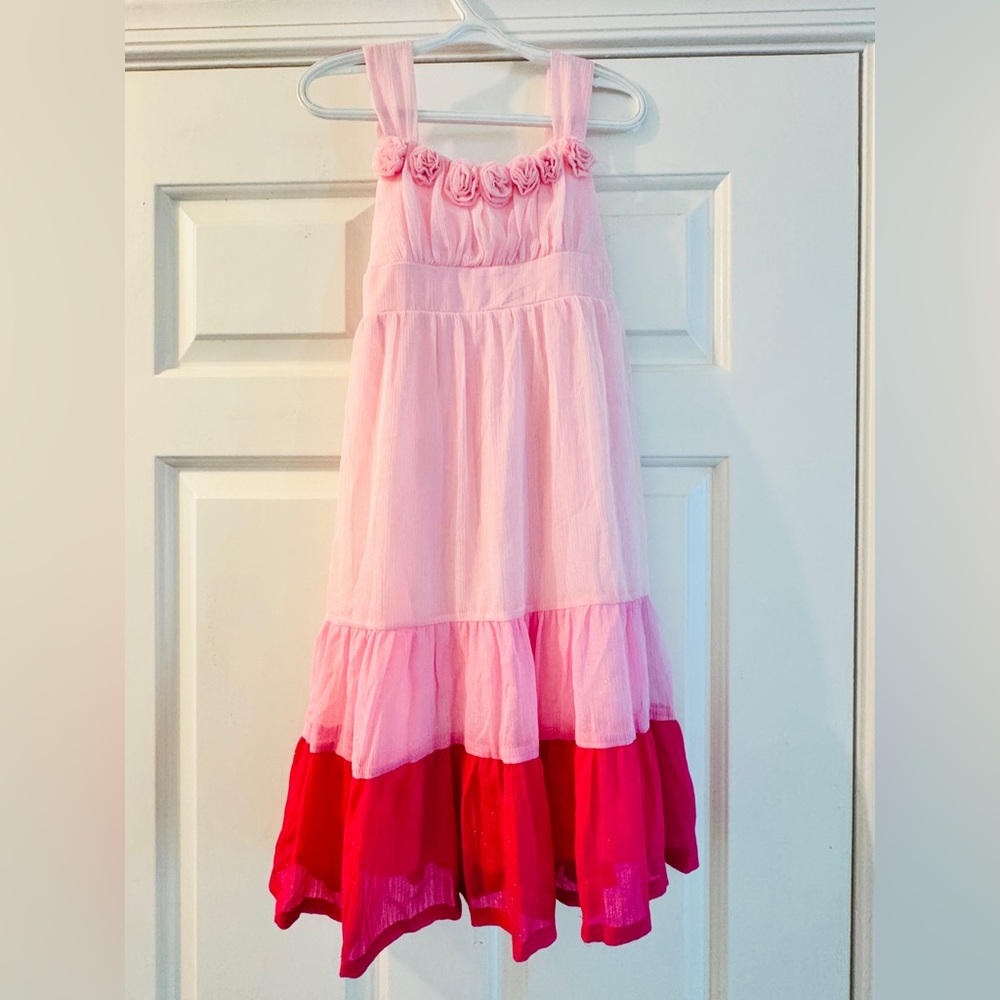 Pink Color Block Tiered Chiffon Dress